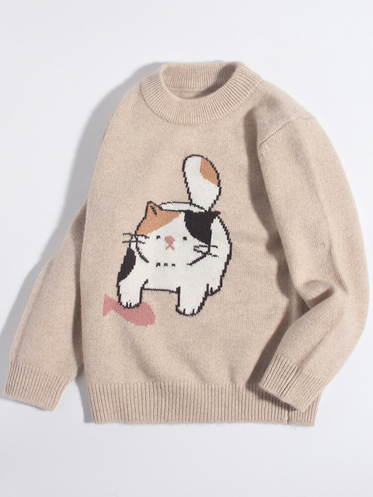 Kids Funny Cartoon Cat and Fish Beige Cashmere Crewneck Sweater